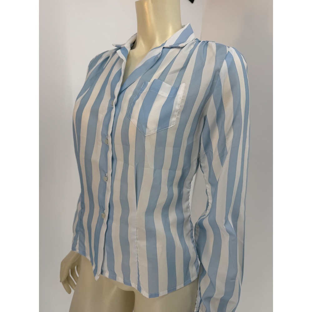 Vintage 70s‎ Tippy Tops Secretary Blouse Blue White Striped NWOT Unworn S